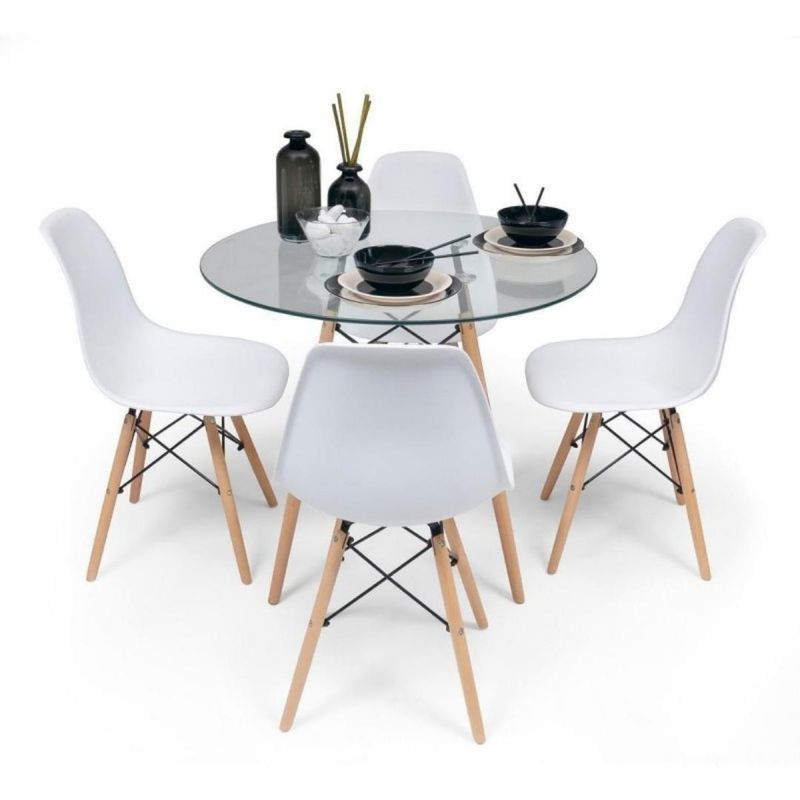 OH MI HOGAR - Comedor Redondo Mesa de Vidrio 80cm + 4 Sillas Eames Clásicas Blanco