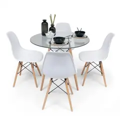OH MI HOGAR - Comedor Redondo Mesa de Vidrio 80cm + 4 Sillas Eames Clásicas Blanco