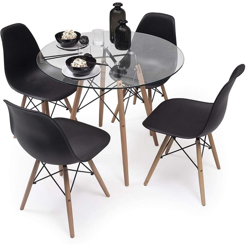 OH MI HOGAR - Comedor Redondo Mesa de Vidrio 80cm + 4 Sillas Eames Clásicas Negro