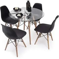 OH MI HOGAR - Comedor Redondo Mesa de Vidrio 80cm + 4 Sillas Eames Clásicas Negro