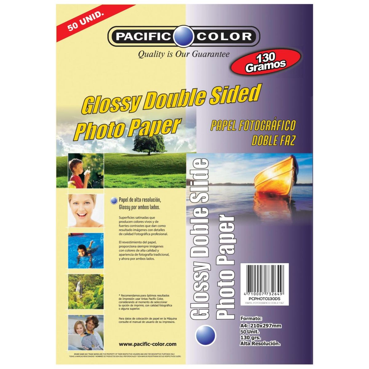 PACIFIC COLOR - Papel Glossy Fotográfico Doble Faz Formato A4 130gr 50 Hojas