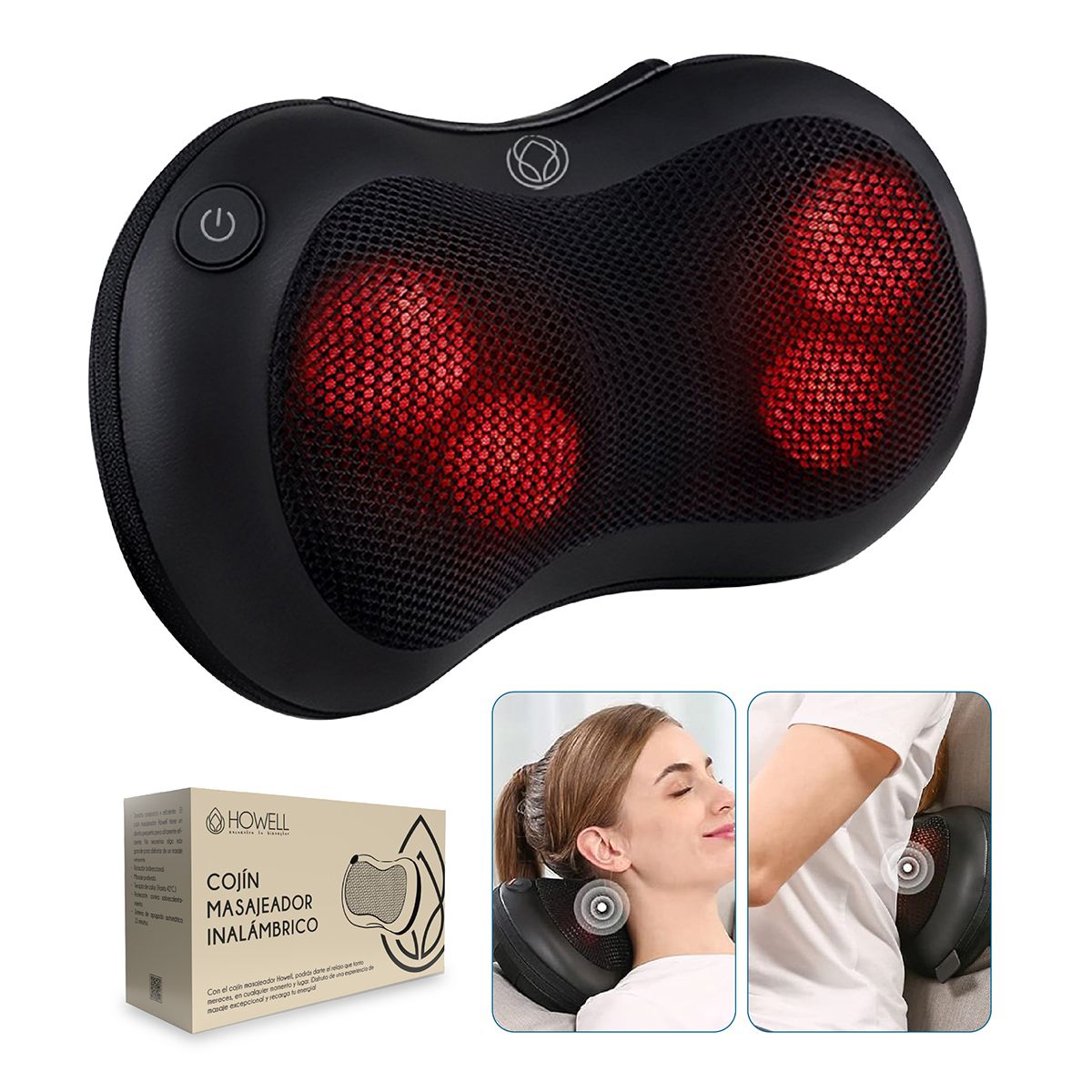 HOWELL - Cojín Masajeador Inalámbrico Howell Almohada Masaje Calor