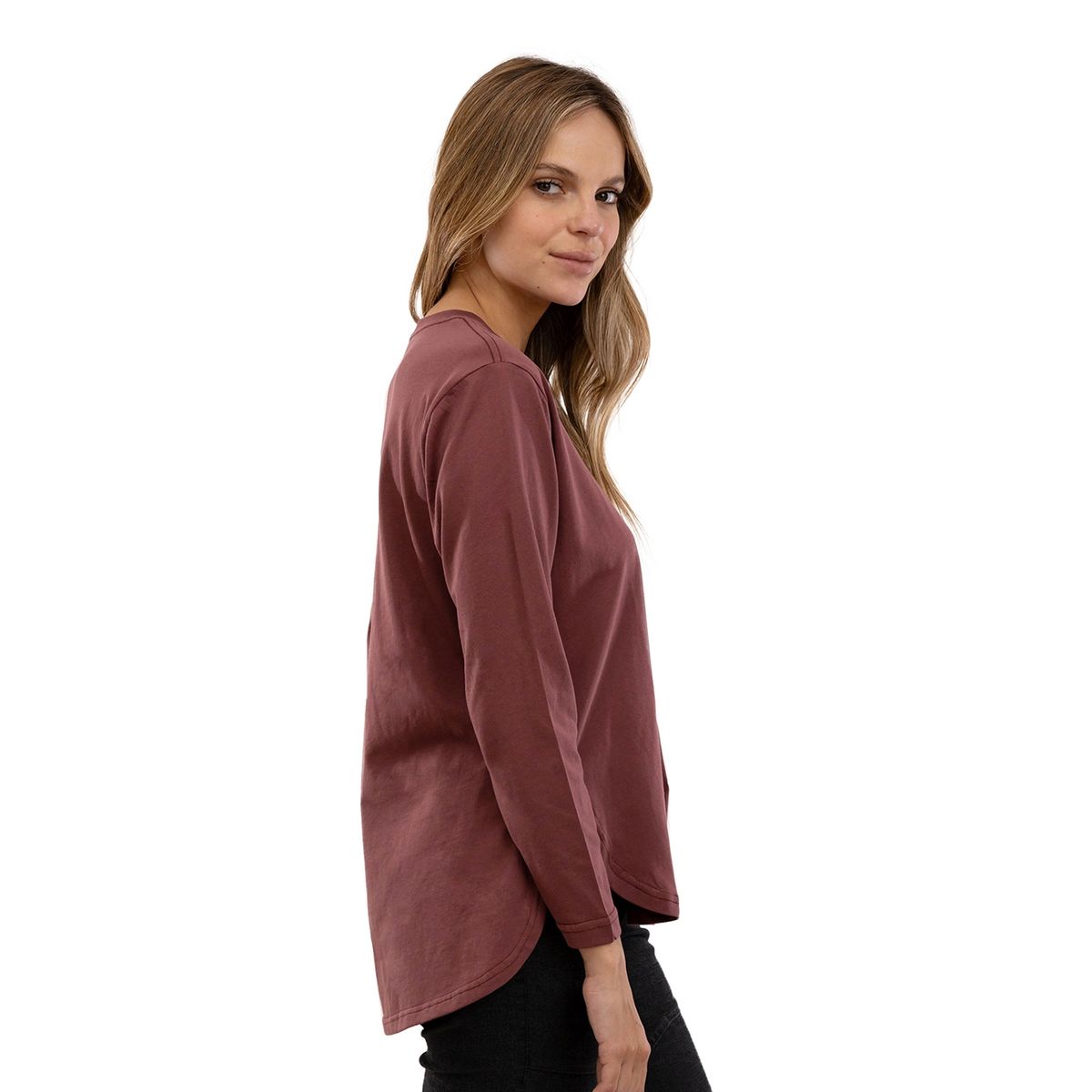 FALCONE - Polera Orgánica Manga Larga Curve-Hem Burdeo Mujer Falcone