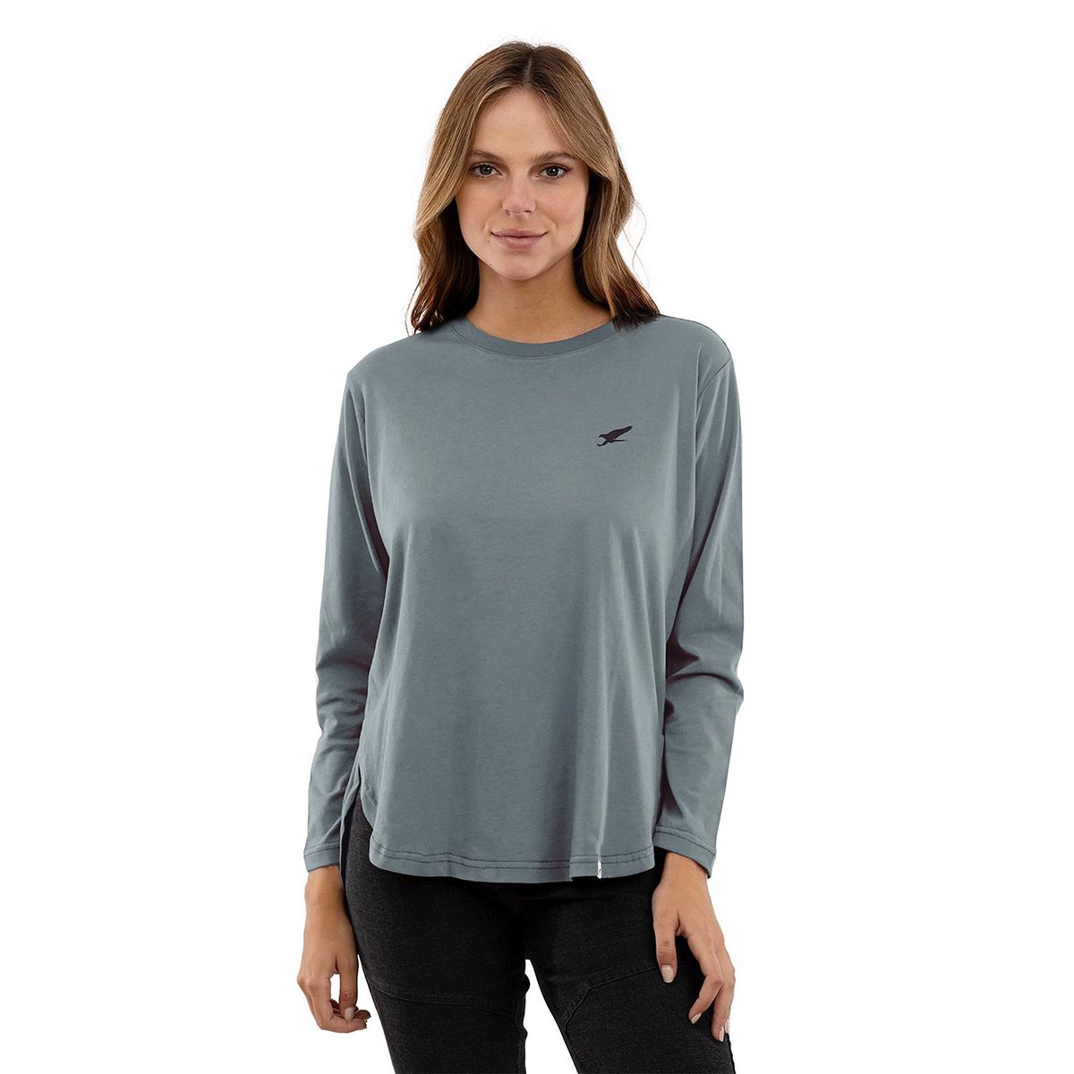FALCONE - Polera Orgánica Manga Larga Curve-Hem Azul Petróleo Mujer Falcone