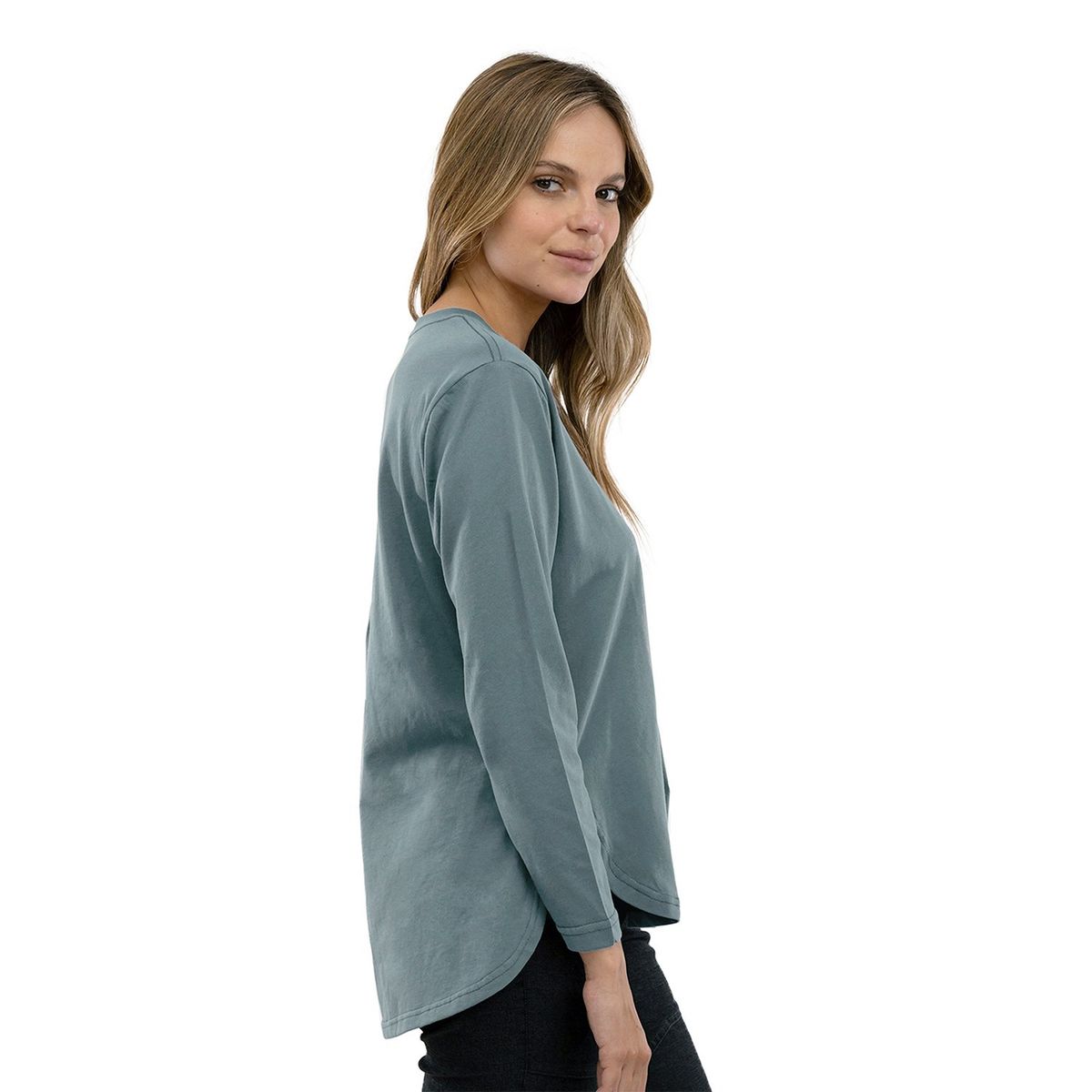 FALCONE - Polera Orgánica Manga Larga Curve-Hem Azul Petróleo Mujer Falcone