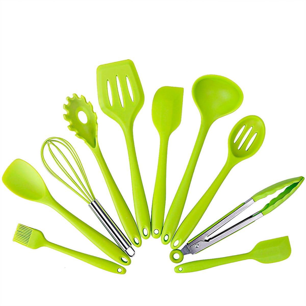 GENERICO - Set 10 Utensilios De Silicona Antiadherentes Cocina Espatula Verde