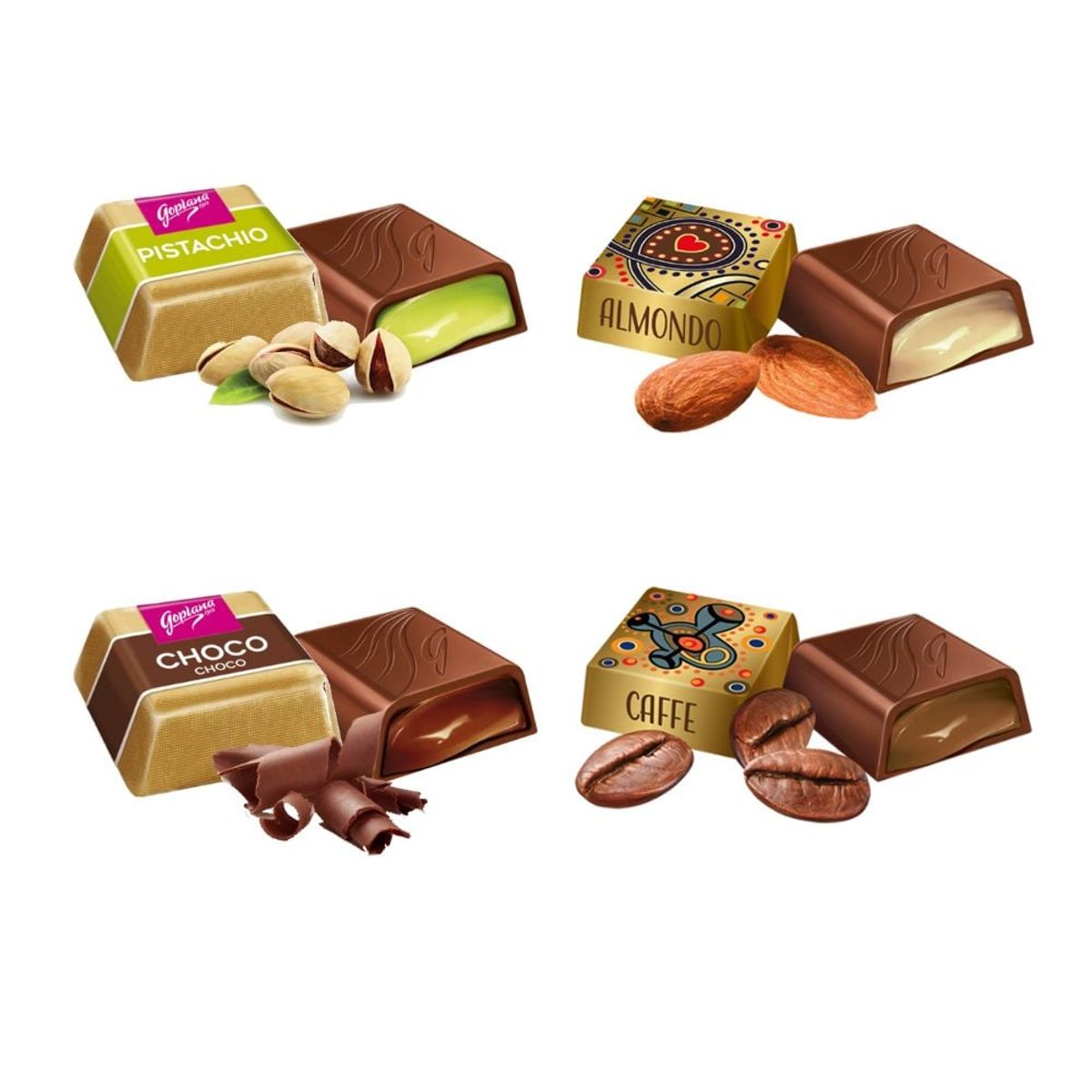 GOPLANA - Pack 4 cajas bombones Goplana 1kg Pist+café+Almen+Choco