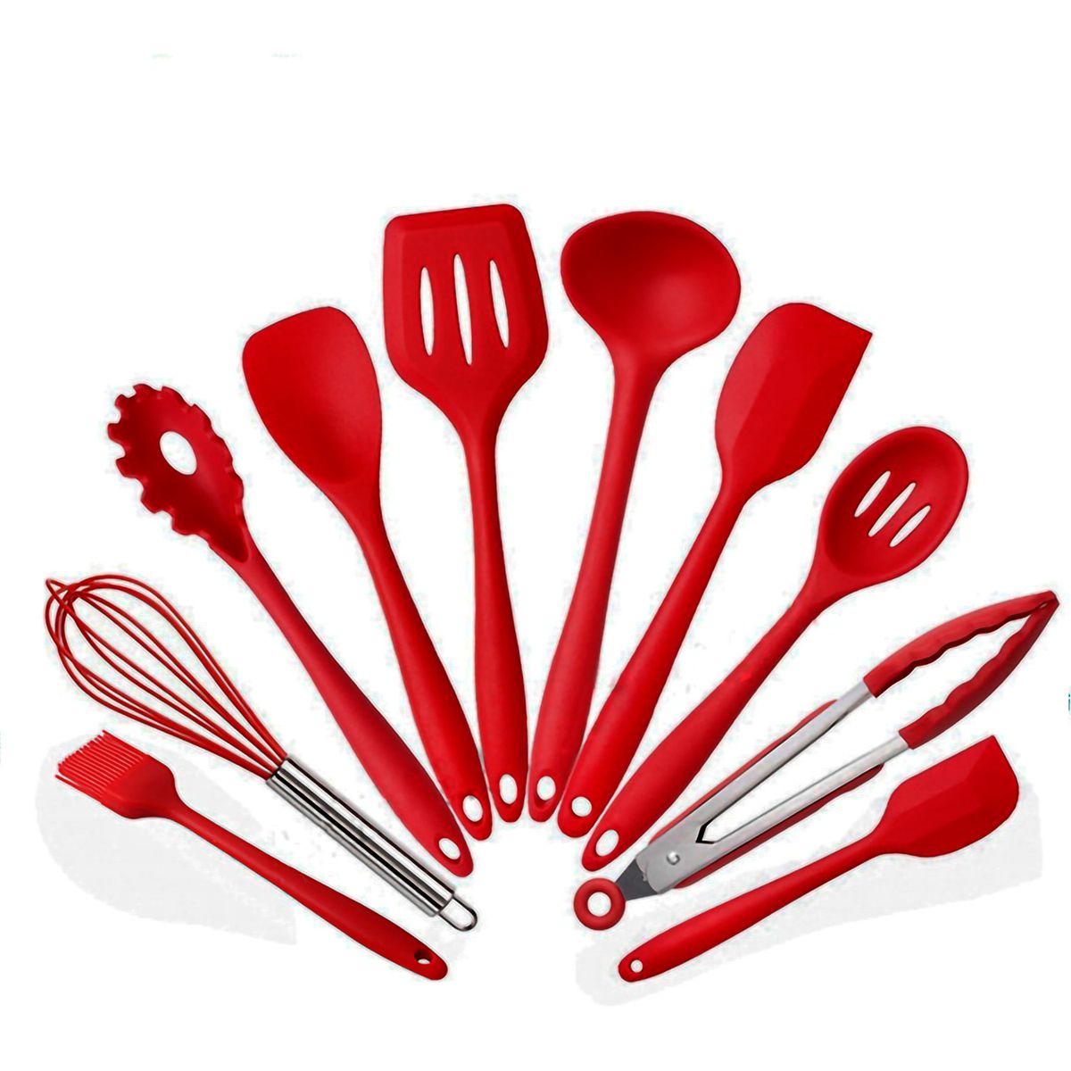 GENERICO - Set 10 Utensilios De Silicona Antiadherentes Cocina Espatula Rojo