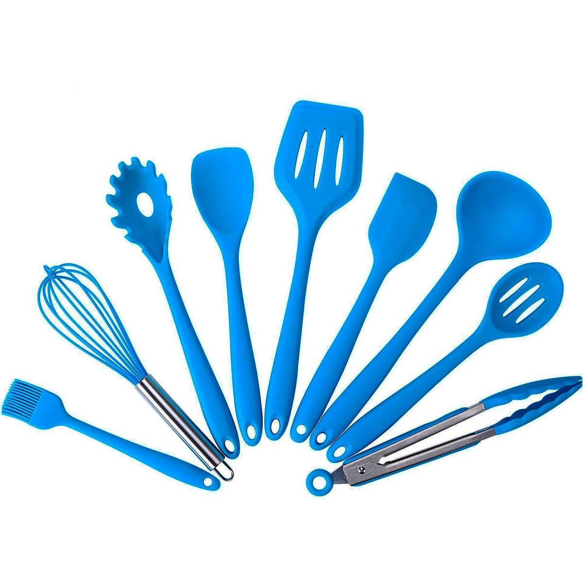 GENERICO - Set 10 Utensilios De Silicona Antiadherentes Cocina Espatula Azul