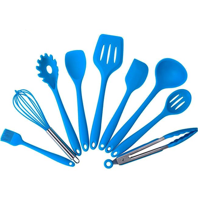 GENERICO - Set 10 Utensilios De Silicona Antiadherentes Cocina Espatula Azul