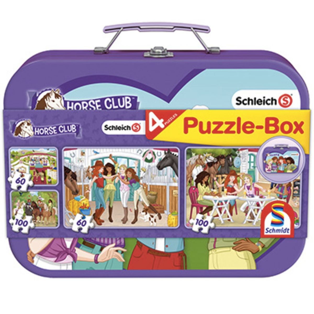 SCHMIDT - Puzzle 2 x 60, 2 x 100 piezas Club Caballos Maleta Metal