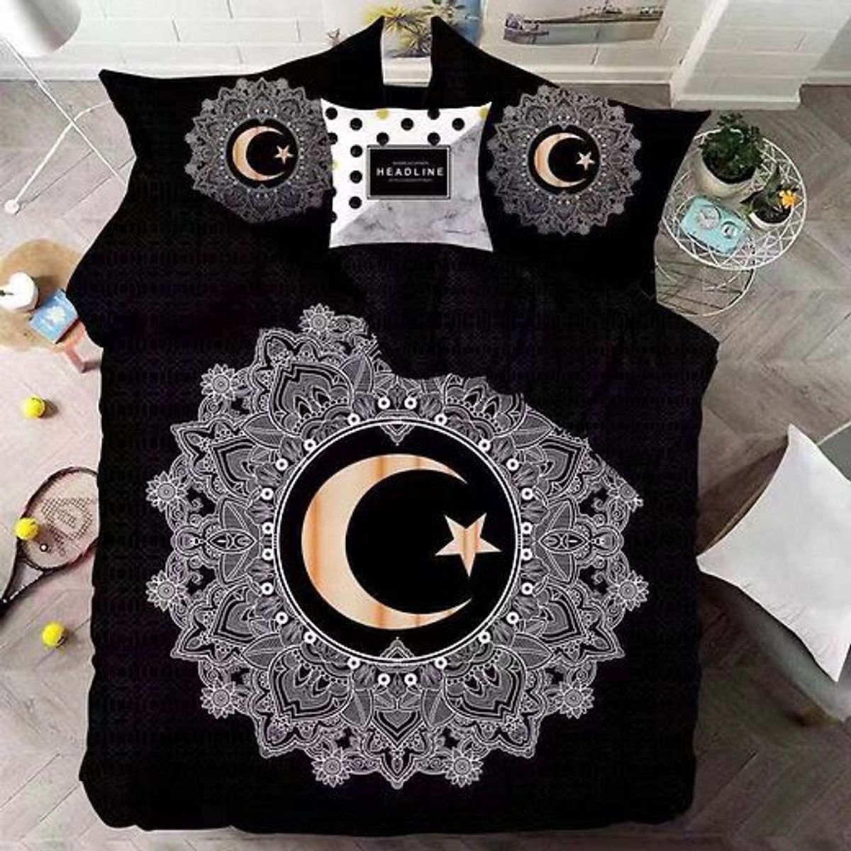 GENERICO - Cubrecama Quilt de Verano 2 Plazas -  Negro Luna Dorada 015