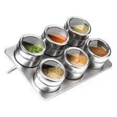 UNIVERSAL - SET ESPECIERO RECTÁNGULO 6 POTES ACERO INOXIDABLE CON BASE IMÁN