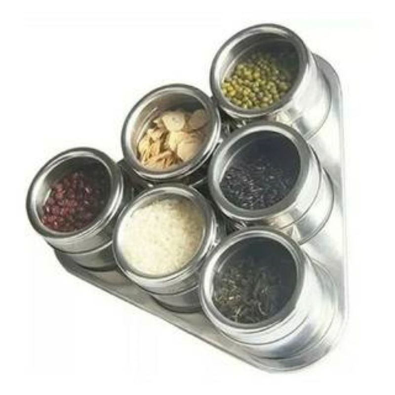 UNIVERSAL - SET ESPECIERO TRIANGULO 6 POTES ACERO INOXIDABLE  CON BASE IMÁN