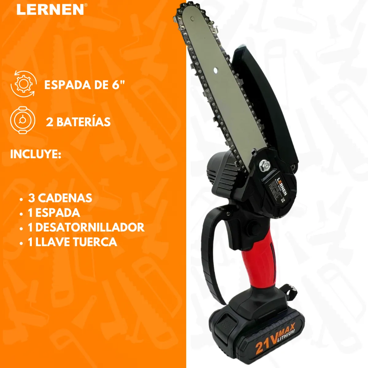 LERNEN - Motosierra Podadora Eléctrica 6 Pulgadas + 2 Baterías