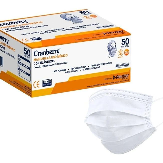 CRANBERRY - Mascarilla 3 Pliegues Uso Médico (iir) Cranberry Caja 50 Un Blanca