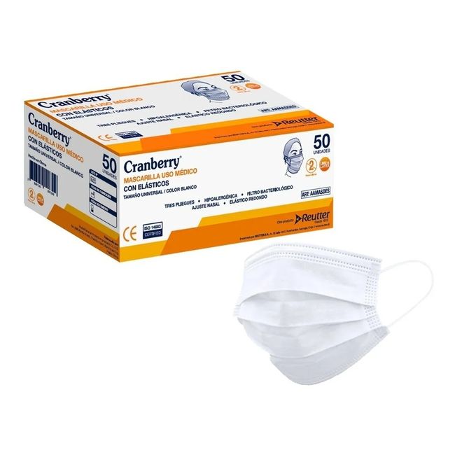 CRANBERRY - Mascarilla 3 Pliegues Uso Médico (iir) Cranberry Caja 50 Un Blanca