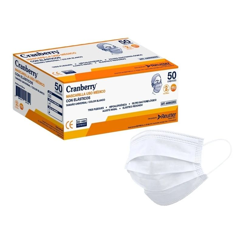 CRANBERRY - Mascarilla 3 Pliegues Uso Médico (iir) Cranberry Caja 50 Un Blanca