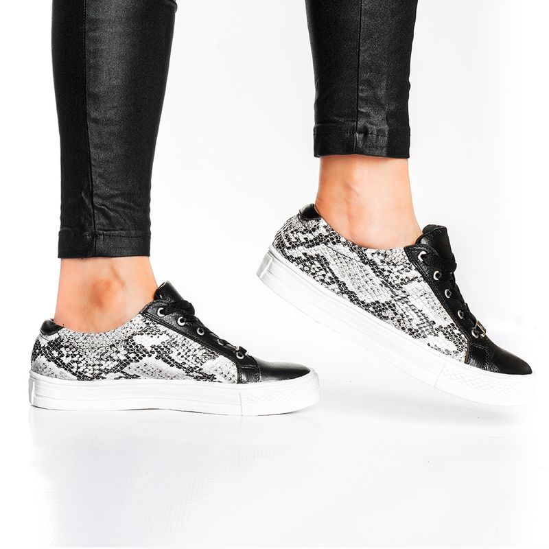 FRANCIA CORREA - Zapatilla Grecia Cuero Marca Francia Correa Negro Pitón Blanco