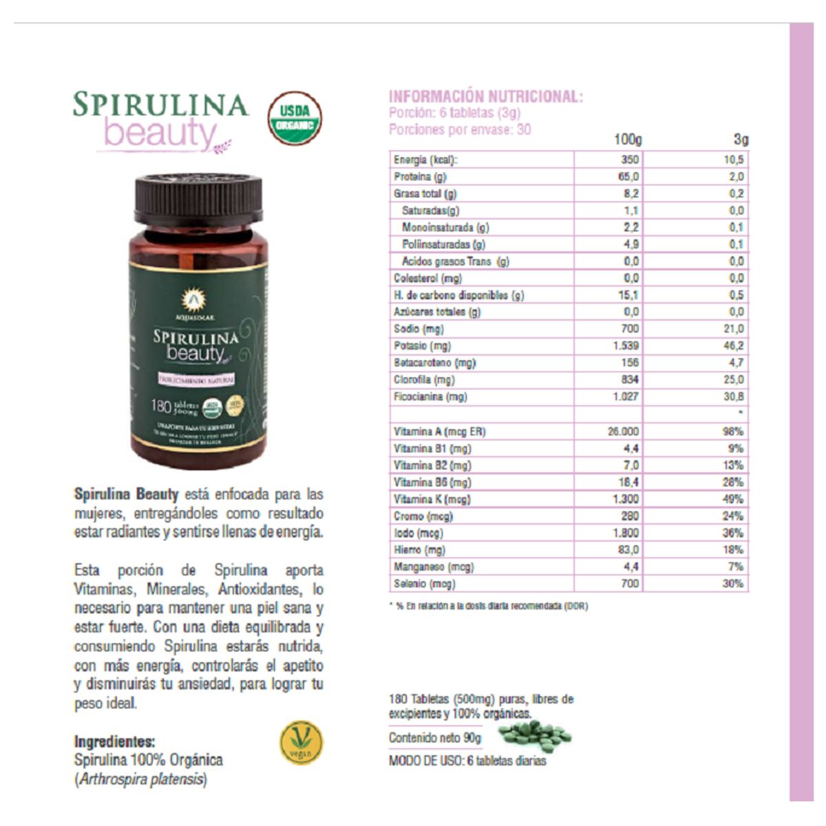 AQUASOLAR - Spirulina Beauty Organic Mujer 360 Tablets 2x180