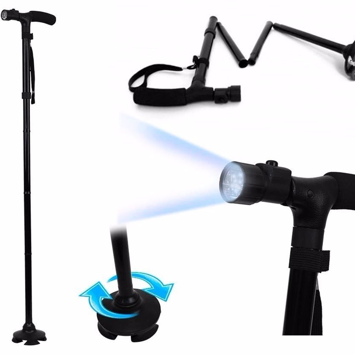 GENERICO - Bastón Ortopédico Plegable 4 Puntos Luz Led Apoyo Caminar.