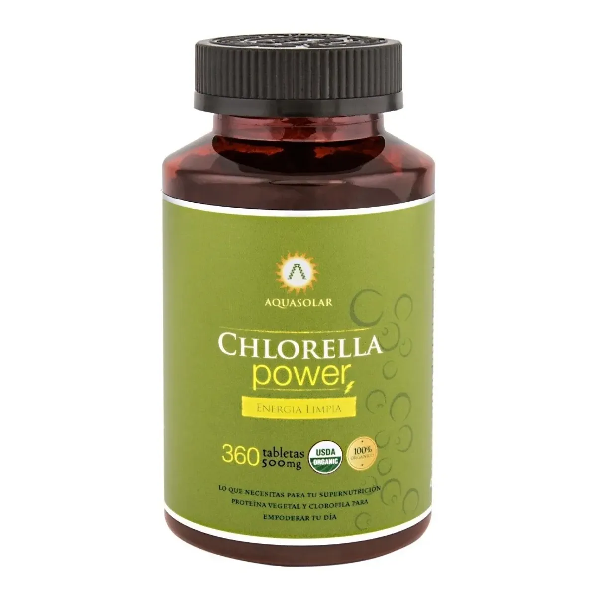 AQUASOLAR - Chlorella Power Aq 1 Frasco 360 Tabs Organic.