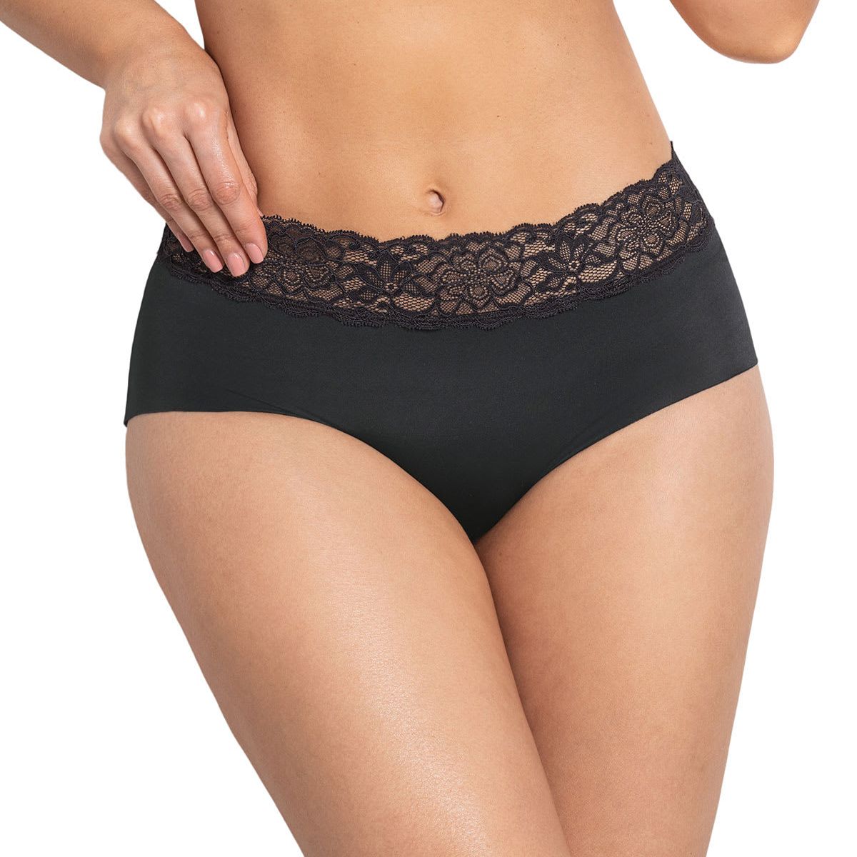 LEONISA - Calzón hípster en tela ultraliviana con franja de encaje 012960 Negro