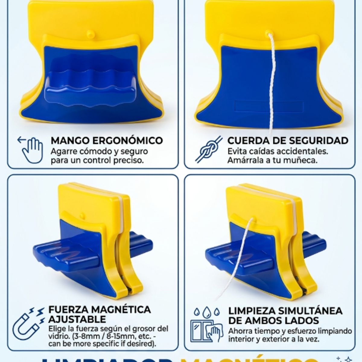 GENERICO - Pack 2 Limpiador Magnetico Vidrios Doble Cara Ventanas Altura Cuerda Seguridad Limpiavidrios Hogar