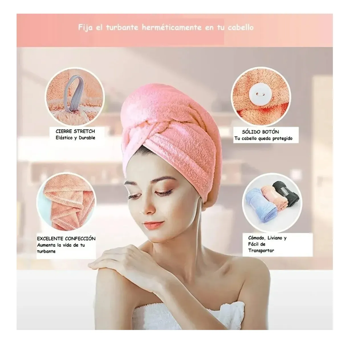 GENERICO - Toalla Para Secar Pelo Turbante Microfibra Colores Cabello Rosado