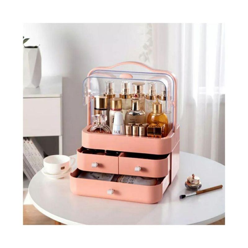 GENERICO - COSMETIQUERO CON TAPA ESTILO ELEGANTE DOBLE CAJONERAS ROSA