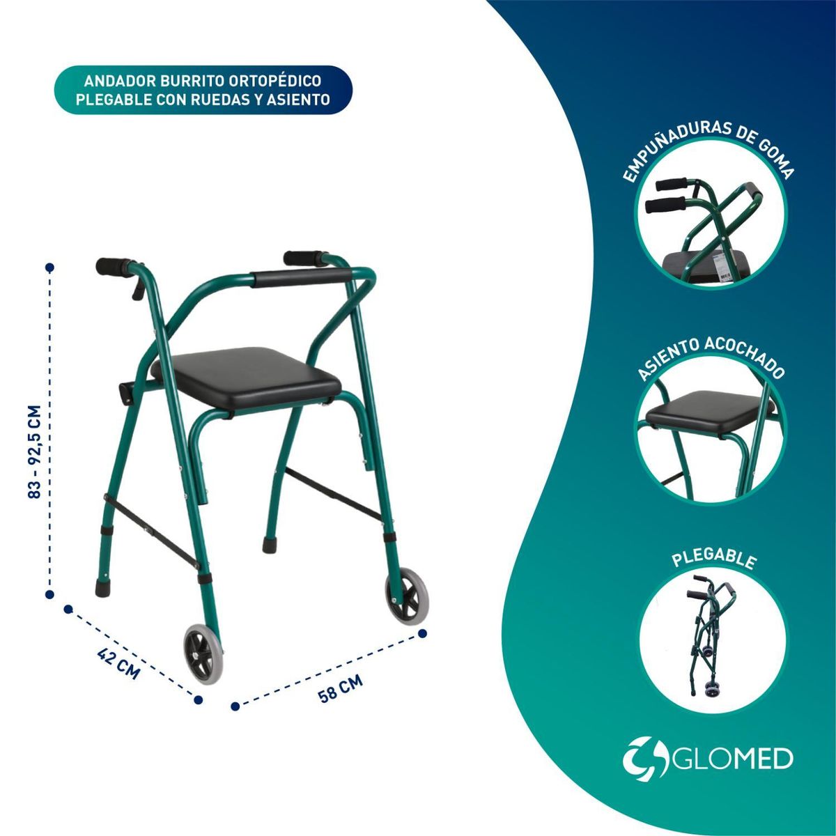 GLOMED - Andador Burrito Ortopédico Plegable Con Ruedas Y Asiento GLOMED