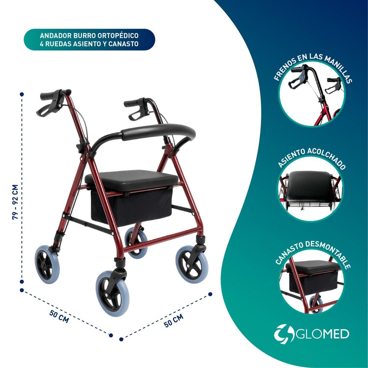 GLOMED - Andador Ortopédico Roller 4 Ruedas Asiento y Canasto