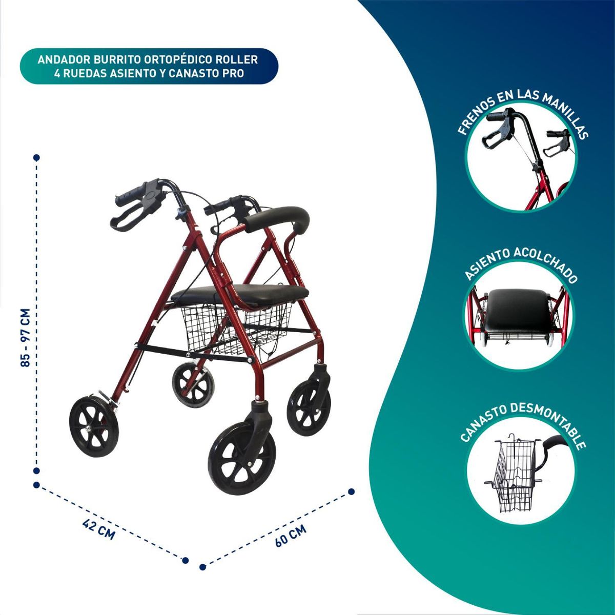 GLOMED - Andador Burro Ortopédico 4 Ruedas - Asiento y Canasto Pro GLOMED
