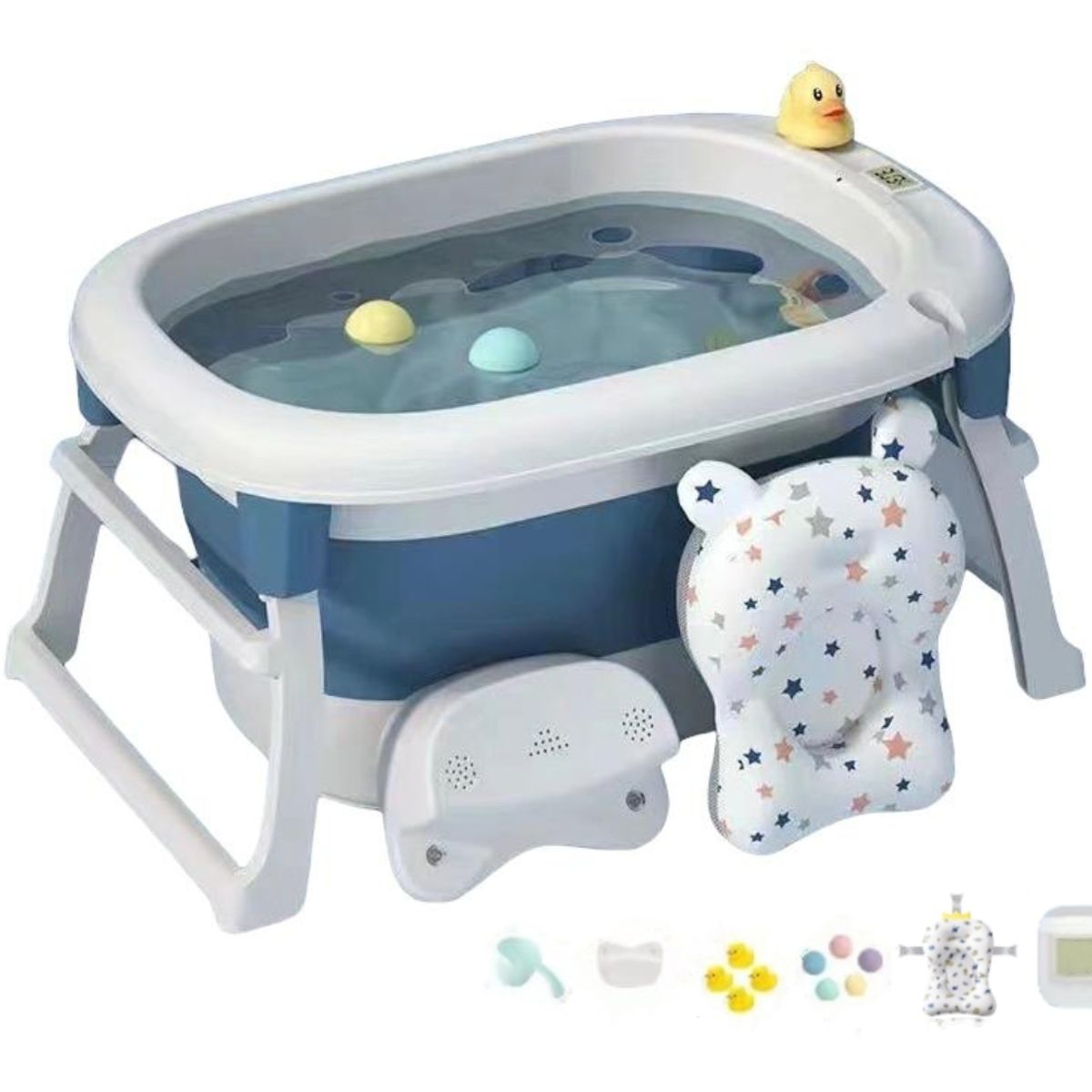 LUBABYCAS - Bañera Con Cojin Termómetro Y Más Accesorios Azul Lubabycas