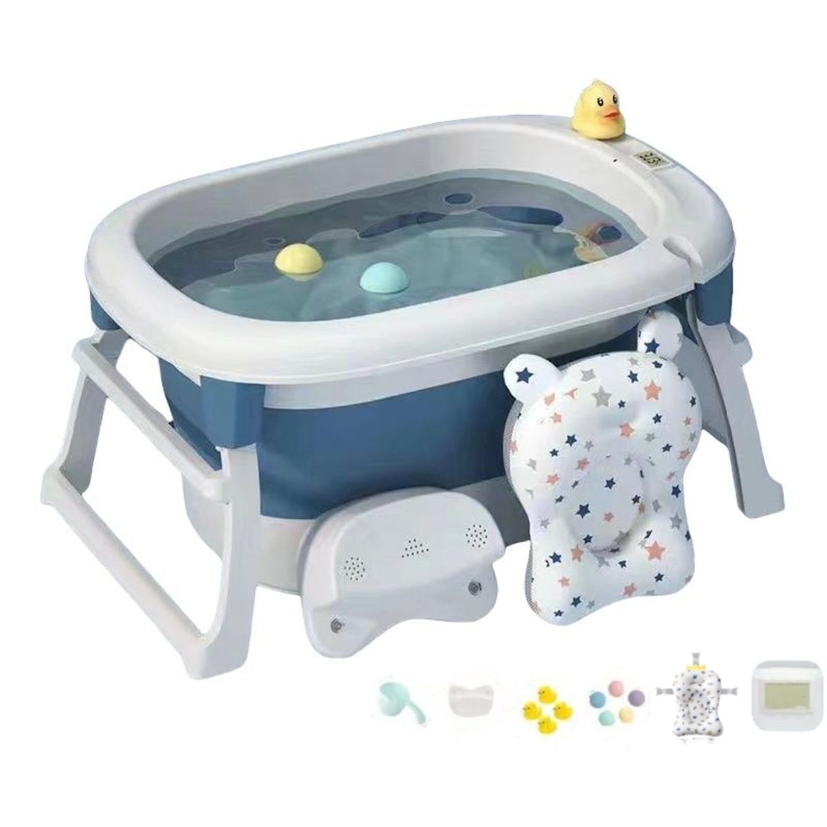 LUBABYCAS - Bañera Con Cojin Termómetro Y Más Accesorios Azul Lubabycas