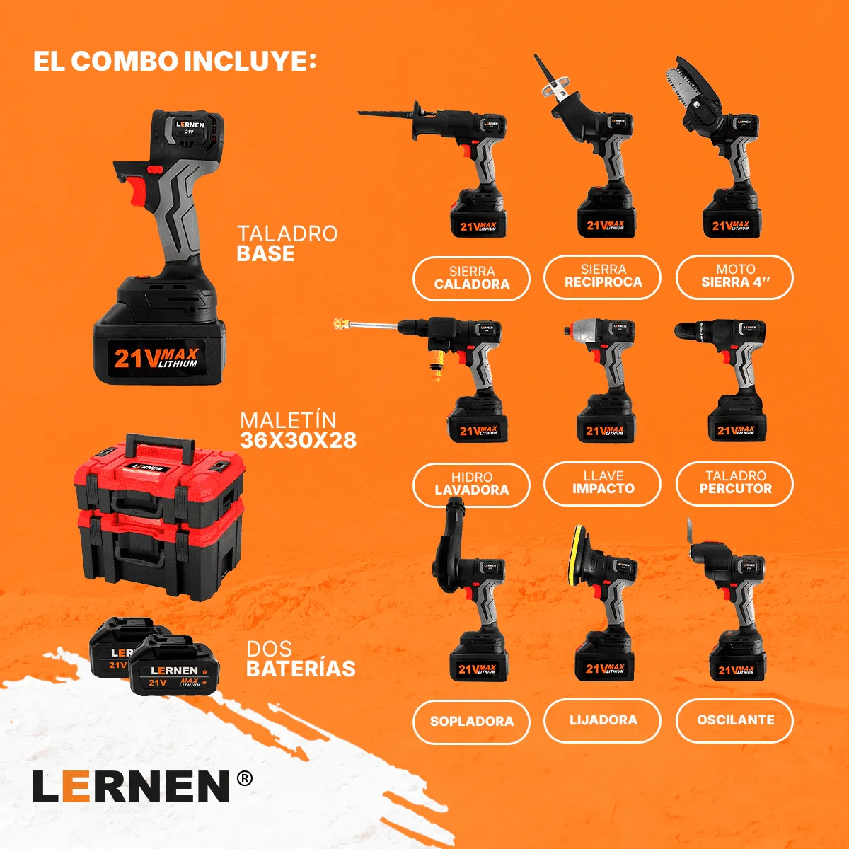 Combo Taladro + Herramientas Eléctricas 10 En 1 + Maletín, marca LERNEN - Foto 2