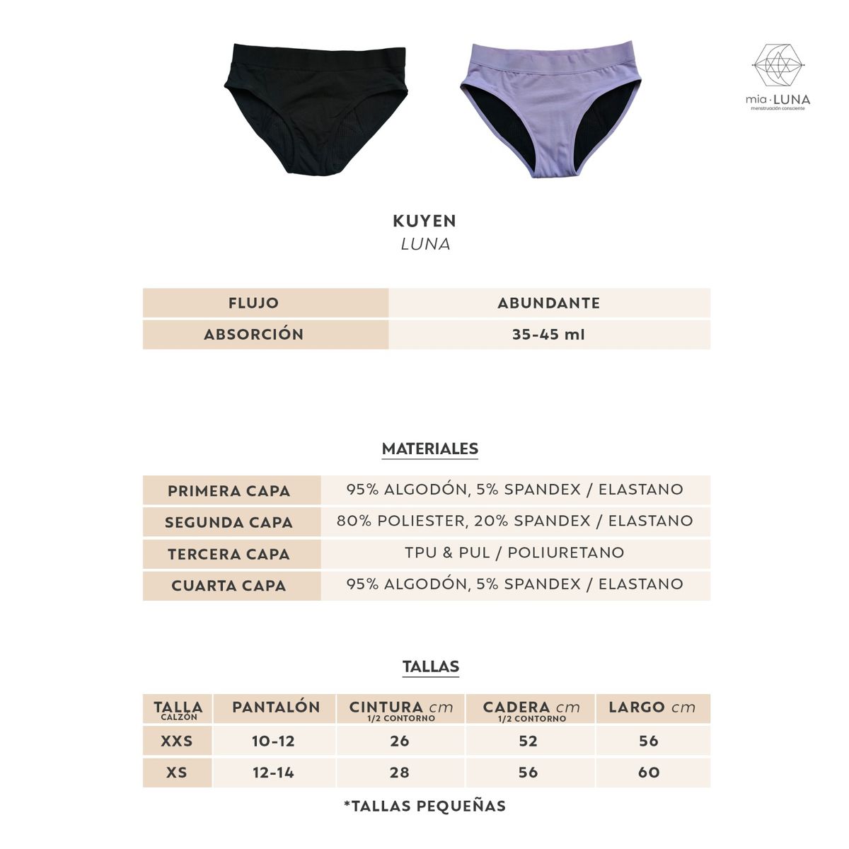MIALUNA - Calzón Menstrual Niña MiaLunita Modelo KUYÉN Luna Flujo Abundante Verificar tabla de tallas.