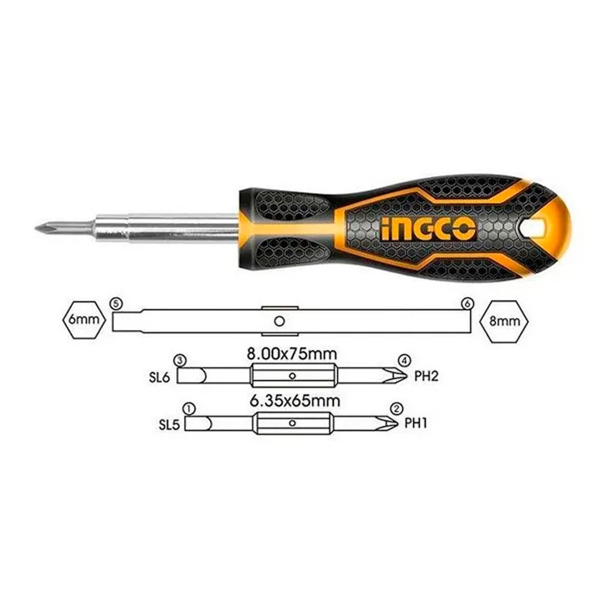 INGCO - Destornillador 6 En 1 Ph Sl Hex 6 Piezas
