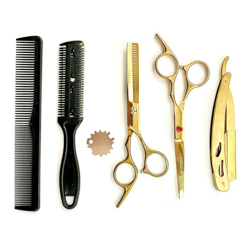 GENERICO - Set Tijera Profesional Peluquería Navaja Entresacadora 6 DORADO