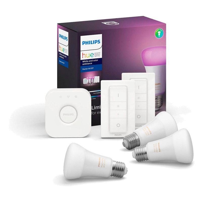 PHILIPS HUE - Kit Philips Hue 3 Ampolletas 800LM  Colores E27 BT+ Bridge + 2 Dimmer