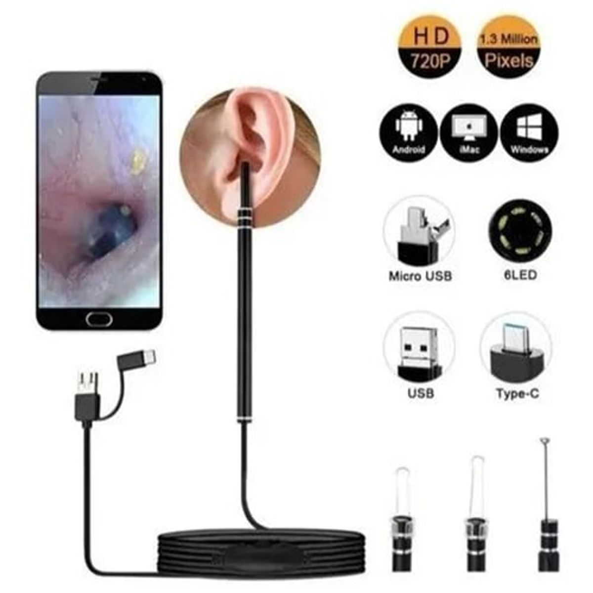 KUANGYE - Limpiador De Oídos Con Cámara Usb Hd Endoscopio