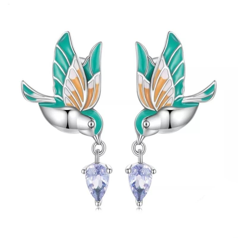 GENERICO - Aros pajaro ave Colibrí amatista plata 925 joya mujer.