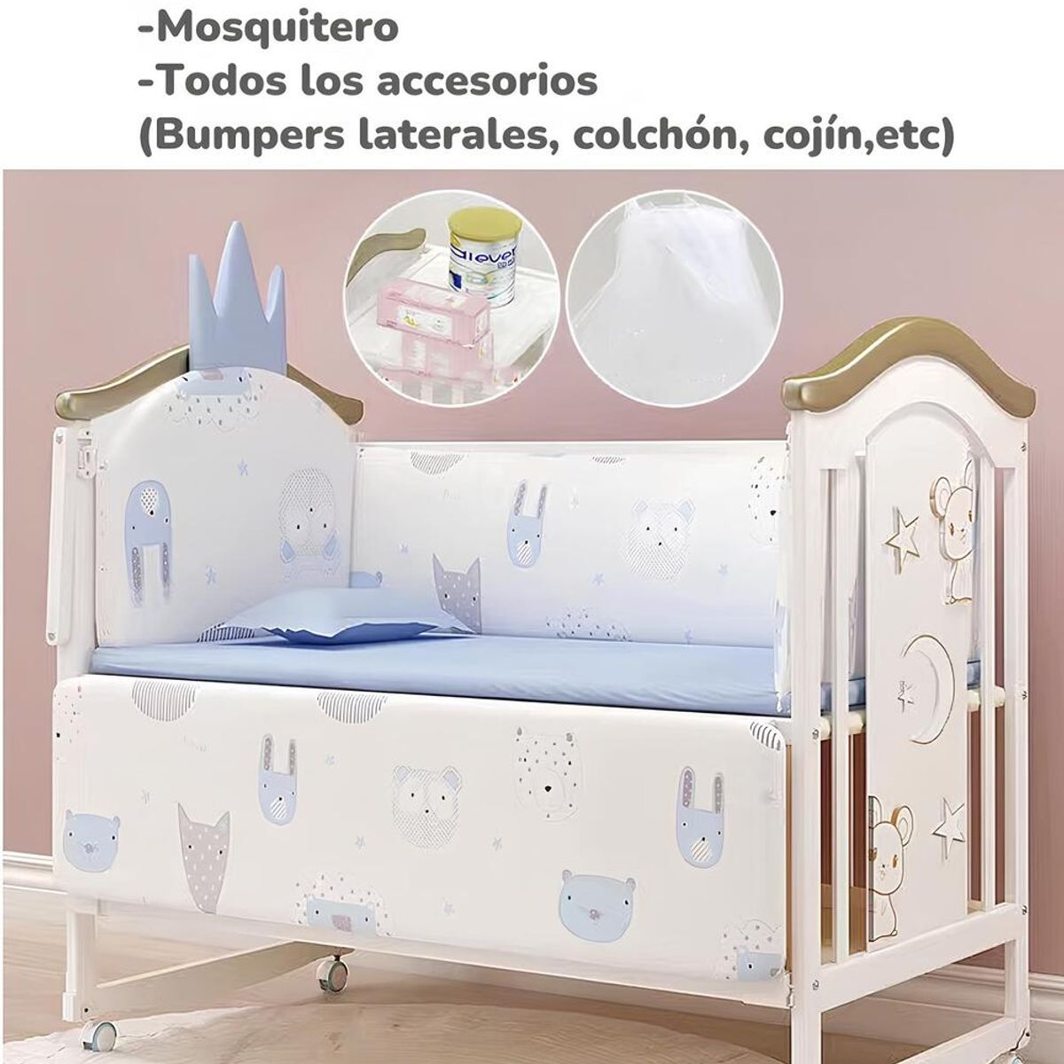 LUBABYCAS - Cuna Colecho Madera Con Mudador Mosquitero Lubabycas Azul