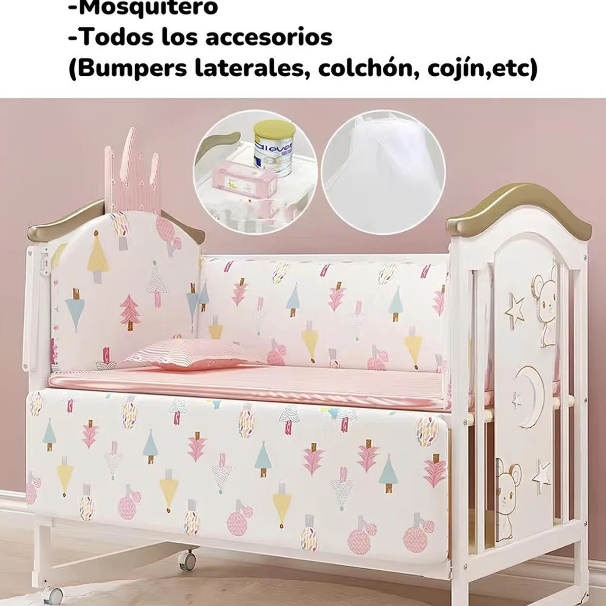 LUBABYCAS - Cuna Colecho Madera Con Mudador Mosquitero Lubabycas Rosada