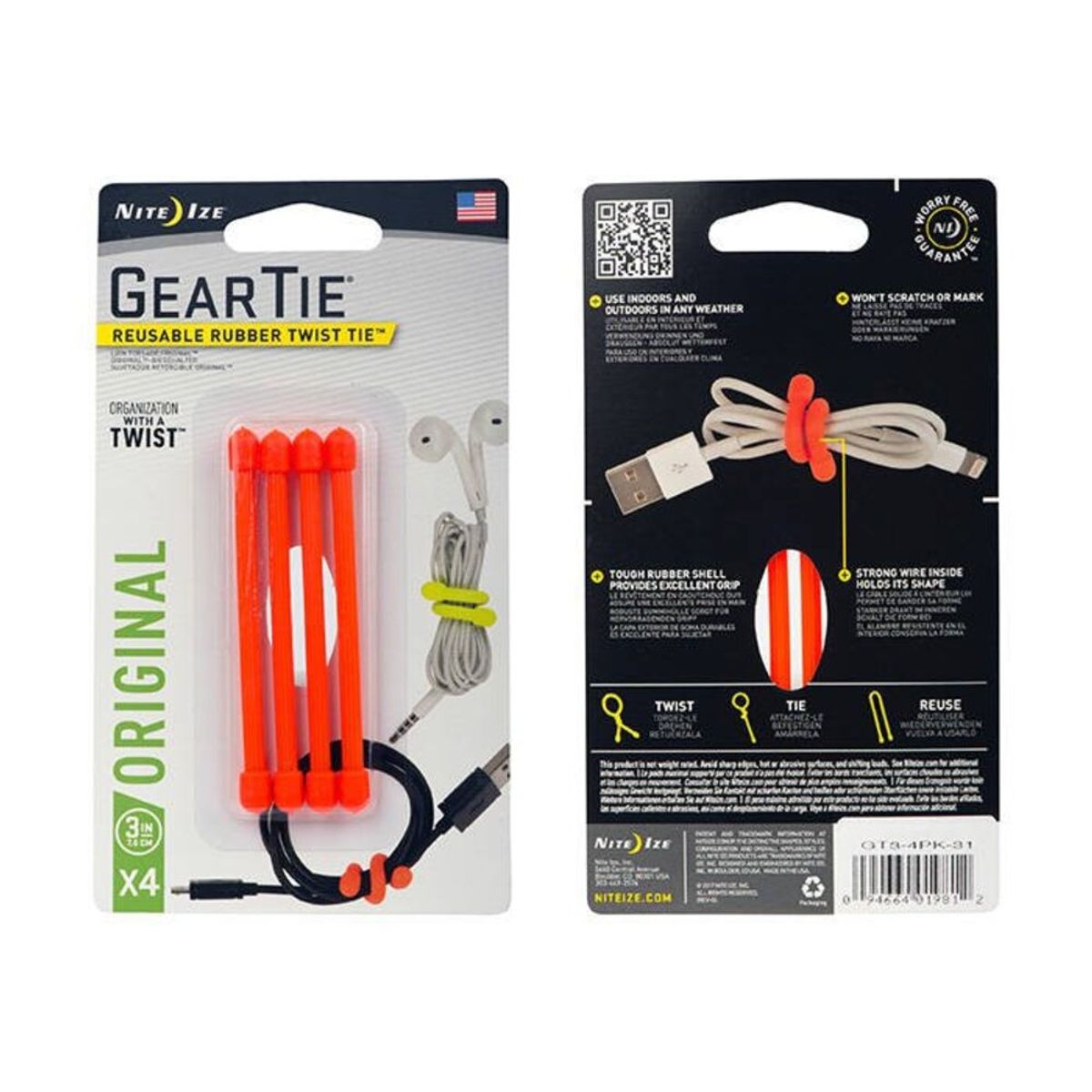 NITE IZE - Pack 4 amarras de goma 7 cm Gear Tie naranjo Nite ize