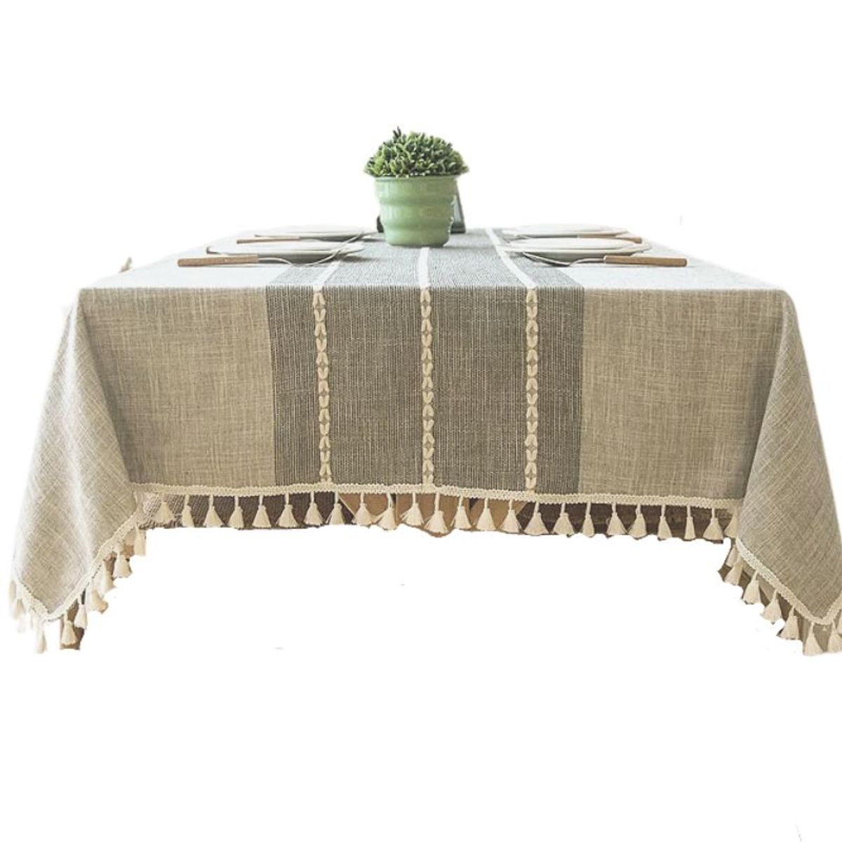 BOHEMIK - Mantel Tonos Gris Piedra Con Bordados Blancos Centrales