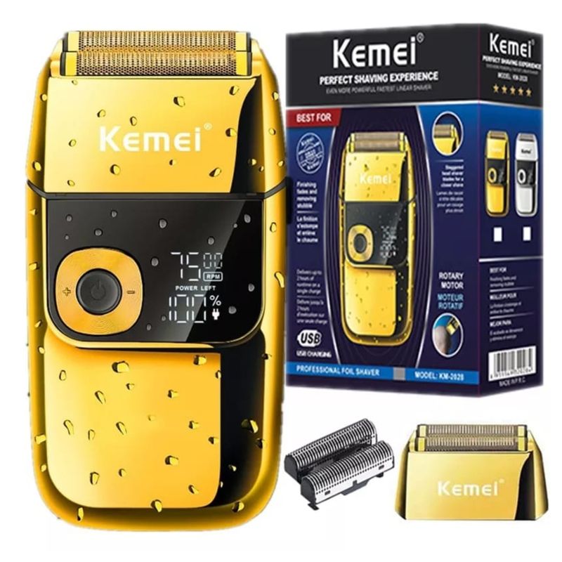 KEMEI - MAQUINA DE AFEITAR PROFESIONAL  INALAMBRICA USB  CARCASA  METALICA DORADA