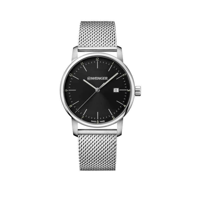 WENGER - Reloj Urban Classic correa mesh plata dial negro Wenger