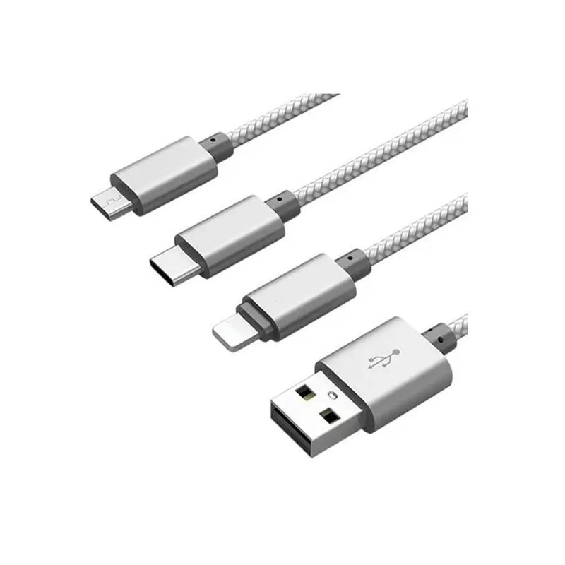 PHILCO - Cable carga rapida 3 en 1 Philco Micro USB+USB-C+Lighting - Gris