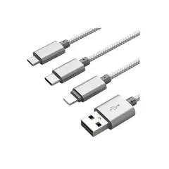 PHILCO - Cable carga rapida 3 en 1 Micro USB+USB-C+Lighting - Gris